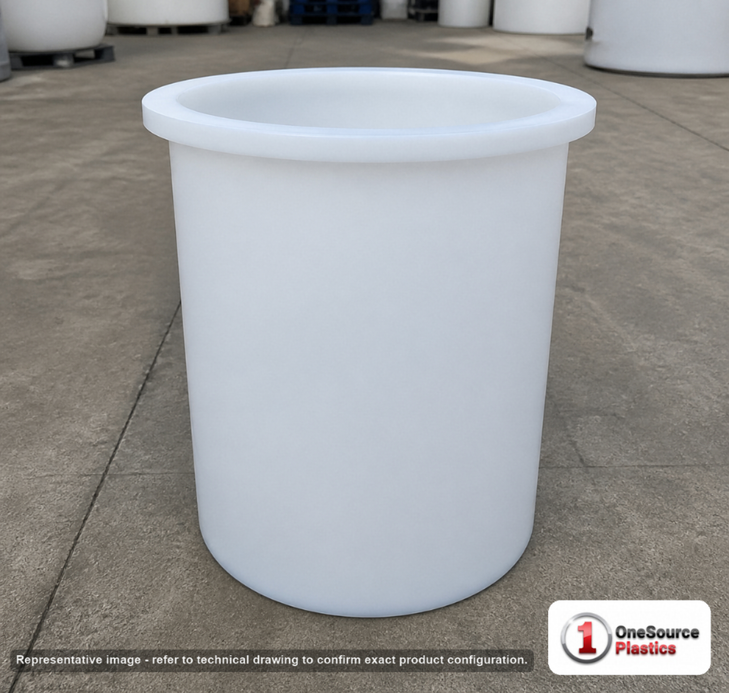 Chem-Tainer 105 Gallon Plastic Open Top Batch Storage Tank. 105.0 gallon capacity; Polyethylene; Natural White; dimensions 24.0in H x 36.0in W x 36.0in L; 45.0 lb empty; 2.0 specific gravity rating; max temp 120 deg  F / 48 deg  C; 3 Year Warranty. Manufacturer part number TC3624AA. Sold by OneSource Plastics (https://www.onesourceplastics.com).