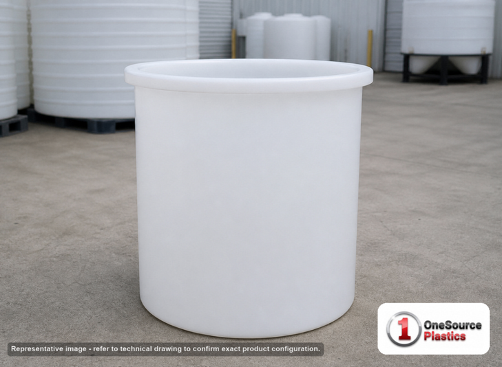 Chem-Tainer 125 Gallon Plastic Open Top Batch Storage Tank. 125.0 gallon capacity; Polyethylene; Natural White; dimensions 30.0in H x 36.0in W x 36.0in L; 50.0 lb empty; 2.0 specific gravity rating; max temp 120 deg  F / 48 deg  C; 3 Year Warranty. Manufacturer part number TC3630AA. Sold by OneSource Plastics (https://www.onesourceplastics.com).