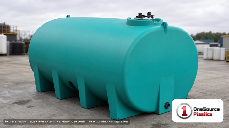 Enduraplas 1350 Gallon Plastic Vertical Liquid Storage Tank. Polyethylene; Green; dimensions 71.0in H x 85.0in W x 85.0in L; 258.0 lb empty; 1.9 specific gravity rating. Manufacturer part number EP-THV01350FG. Sold by OneSource Plastics (https://www.onesourceplastics.com).