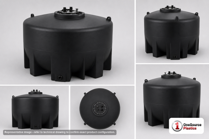 Dimensional spec drawing for Enduraplas 1350 Gallon Vertical Tank (85" L x 85" W x 71" H)