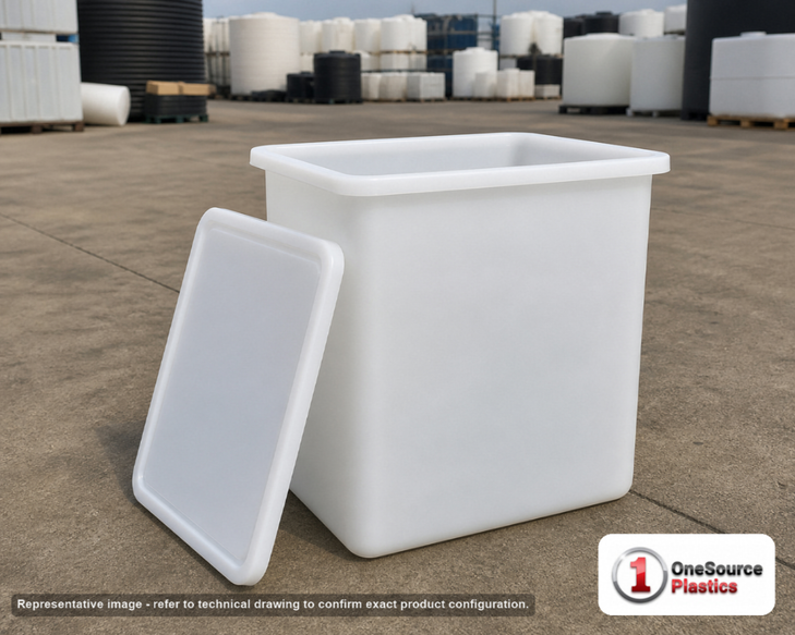 Chem-Tainer 14 Gallon Plastic Open Top Batch Storage Tank with Cover. 14.0 gallon capacity; Polyethylene; Natural White; dimensions 16.0in H x 12.0in W x 18.0in L; 11.0 lb empty; 2.0 specific gravity rating; max temp 120 deg  F / 48 deg  C; 3 Year Warranty. Manufacturer part number r121815a. Sold by OneSource Plastics (https://www.onesourceplastics.com).