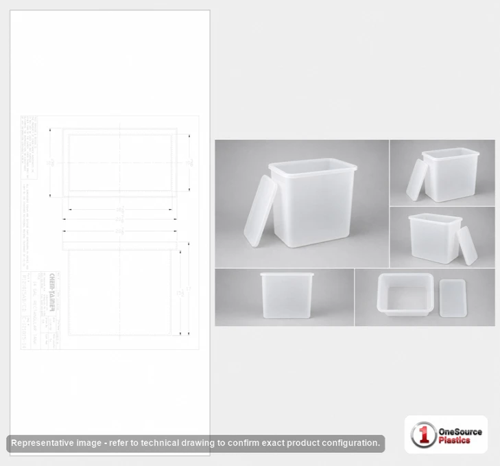Dimensional spec drawing for Chemtainer 14 Gallon Open Top - Rectangular (18" L x 12" W x 16" H)