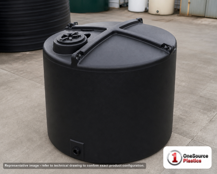 Enduraplas 1400 Gallon Plastic Vertical Liquid Storage Tank in Black. Polyethylene; Black; dimensions 79.0in H x 80.0in W x 80.0in L; 264.0 lb empty; 1.9 specific gravity rating. Manufacturer part number EP-THV01400BK. Sold by OneSource Plastics (https://www.onesourceplastics.com).