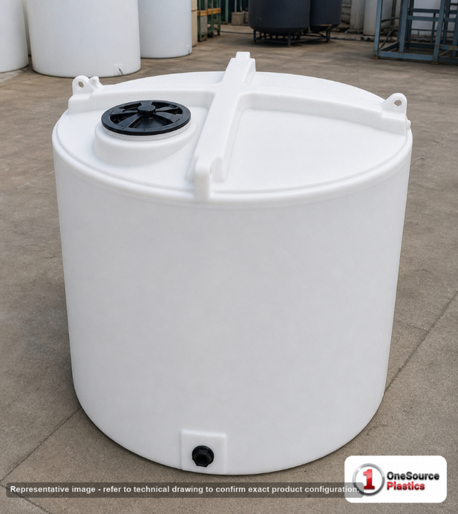 Enduraplas 1400 Gallon Plastic Vertical Liquid Storage Tank in White. Polyethylene; White; dimensions 79.0in H x 80.0in W x 80.0in L; 264.0 lb empty; 1.9 specific gravity rating. Manufacturer part number EP-THV01400WH. Sold by OneSource Plastics (https://www.onesourceplastics.com).