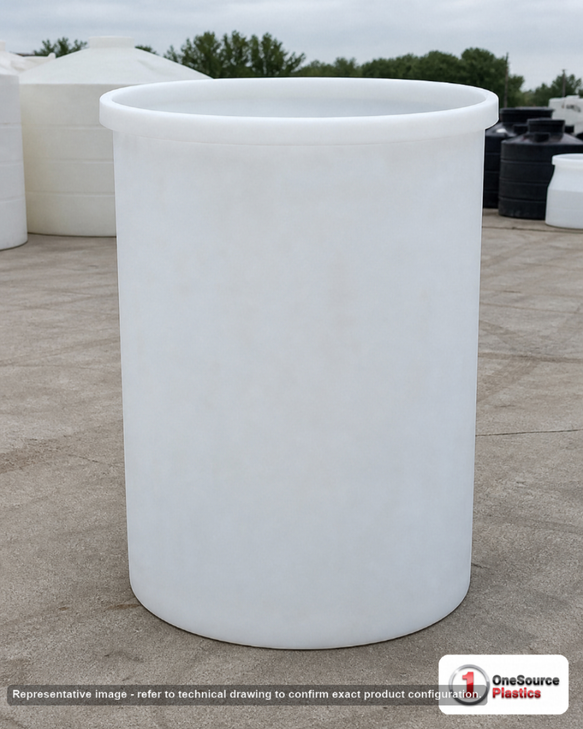 Chem-Tainer 1500 Gallon Plastic Open Top Batch Storage Tank. 1500.0 gallon capacity; Polyethylene; Natural White; dimensions 84.0in H x 73.0in W x 73.0in L; 425.0 lb empty; 2.0 specific gravity rating; max temp 120 deg  F / 48 deg  C; 3 Year Warranty. Manufacturer part number TC7384AA. Sold by OneSource Plastics (https://www.onesourceplastics.com).