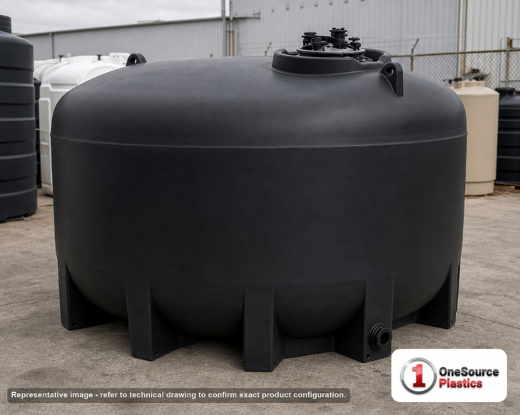 Enduraplas 1550 Gallon Plastic Vertical Liquid Storage Tank in Black. Polyethylene; Black; dimensions 80.0in H x 85.0in W x 85.0in L; 297.0 lb empty; 1.9 specific gravity rating. Manufacturer part number EP-THV01550BK. Sold by OneSource Plastics (https://www.onesourceplastics.com).