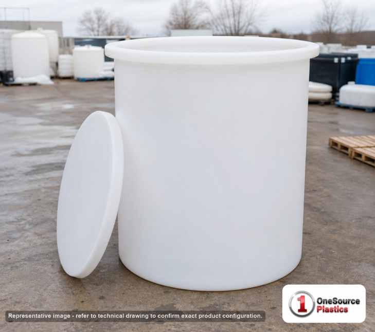 Chem-Tainer 275 Gallon Plastic Open Top Batch Storage Tank. 275.0 gallon capacity; Polyethylene; Natural White; dimensions 48.0in H x 42.0in W x 42.0in L; 80.0 lb empty; 1.9 specific gravity rating; max temp 120 deg  F / 48 deg  C; 3 Year Warranty. Manufacturer part number TC4248AA. Sold by OneSource Plastics (https://www.onesourceplastics.com).