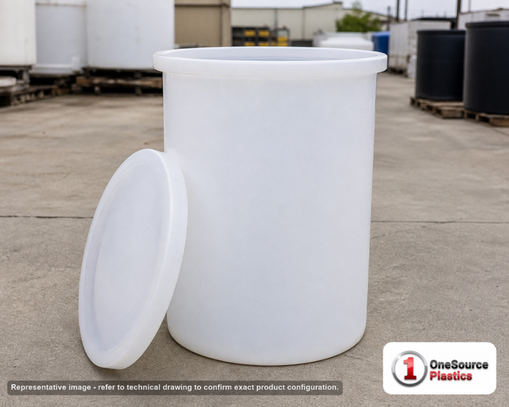 Chem-Tainer 30 Gallon Plastic Open Top Batch Storage Tank with Cover. 30.0 gallon capacity; Polyethylene; Natural White; dimensions 30.0in H x 20.0in W x 20.0in L; 13.0 lb empty; 1.9 specific gravity rating; max temp 120 deg  F / 48 deg  C; 3 Year Warranty. Manufacturer part number TC1829AA. Sold by OneSource Plastics (https://www.onesourceplastics.com).
