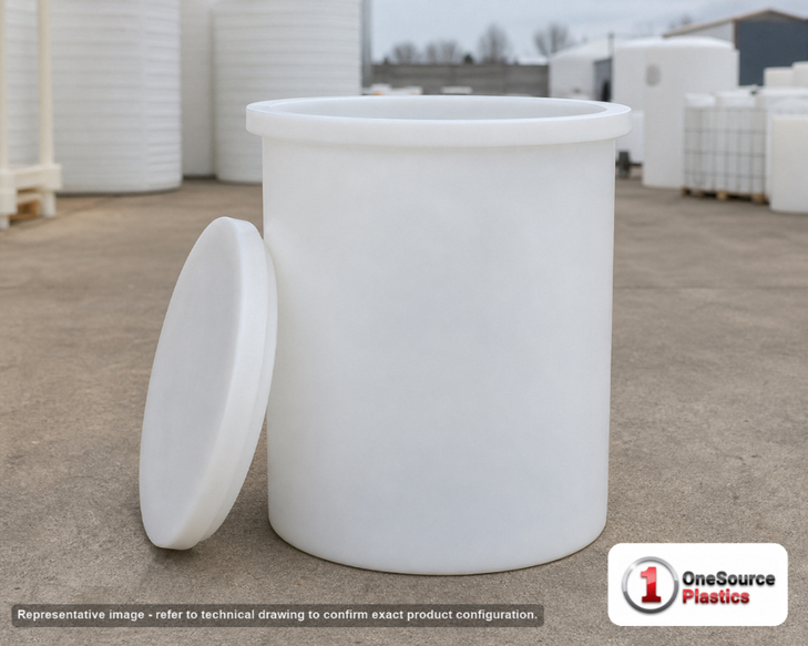 Chem-Tainer 40 Gallon Plastic Open Top Batch Storage Tank. 40 gallon capacity; Polyethylene; Natural White; 41" H x 20" W x