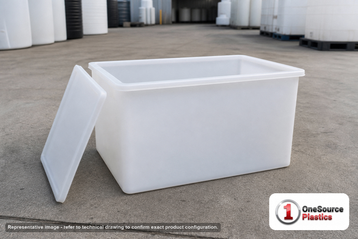 Chem-Tainer 5 Gallon Plastic Open Top Batch Storage Tank with Cover. 5 gallon capacity; Polyethylene; Natural White; 10" H x