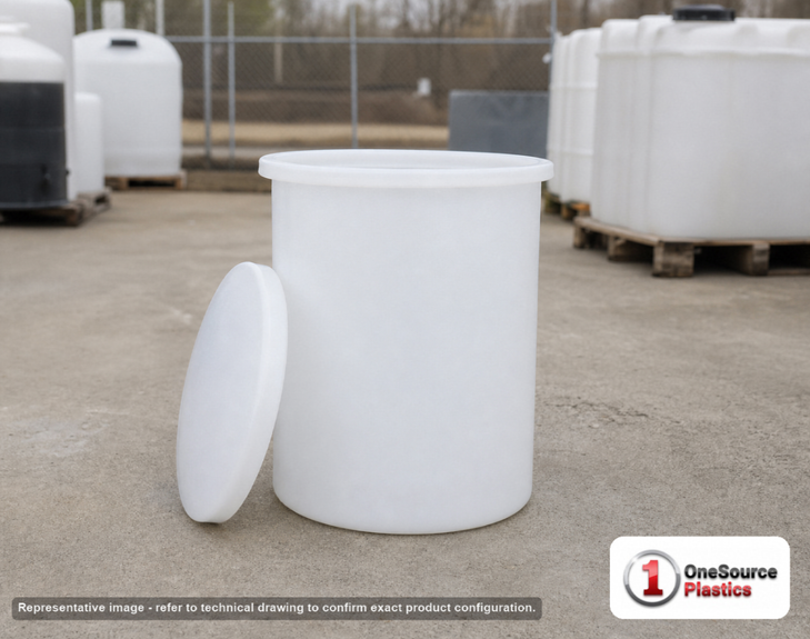Chem-Tainer 5 Gallon Plastic Open Top Batch Storage Tank with Cover. 5 gallon capacity; Polyethylene; Natural White; 16" H x