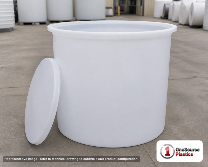Chem-Tainer 575 Gallon Plastic Open Top Batch Storage Tank. 575.0 gallon capacity; Polyethylene; Natural White; dimensions 46.0in H x 60.0in W x 60.0in L; 160.0 lb empty; 1.9 specific gravity rating; max temp 120 deg  F / 48 deg  C; 3 Year Warranty. Manufacturer part number TC6046AA. Sold by OneSource Plastics (https://www.onesourceplastics.com).