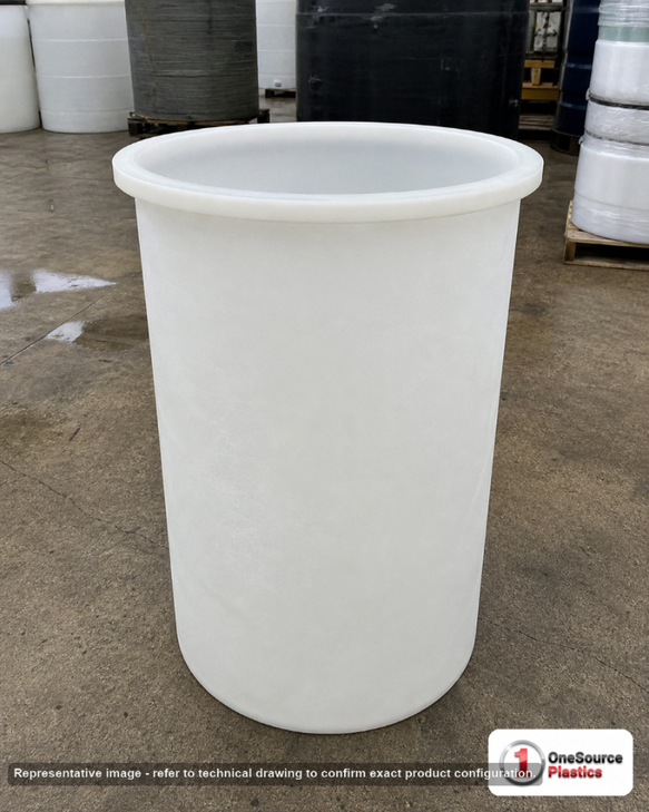 Chem-Tainer 65 Gallon PE Cylindrical Open Top Tank. 65.0 gallon capacity; Polyethylene; Natural White; dimensions 40.0in H x 22.0in W x 22.0in L; 27.0 lb empty; 1.9 specific gravity rating; max temp 120 deg  F / 48 deg  C; 3 Year Warranty. Manufacturer part number TC2240AA. Sold by OneSource Plastics (https://www.onesourceplastics.com).