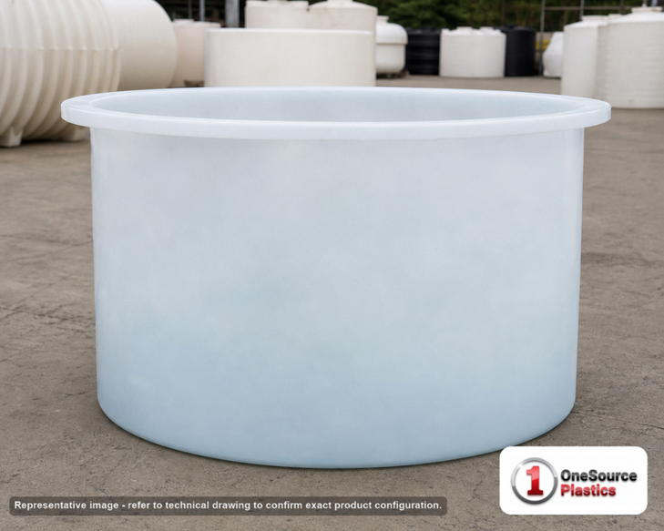 Chem-Tainer 675 Gallon Plastic Open Top Batch Storage Tank. 675.0 gallon capacity; Polyethylene; Natural White; dimensions 46.0in H x 66.0in W x 66.0in L; 180.0 lb empty; 2.0 specific gravity rating; max temp 120 deg  F / 48 deg  C; 3 Year Warranty. Manufacturer part number TC6646AA. Sold by OneSource Plastics (https://www.onesourceplastics.com).