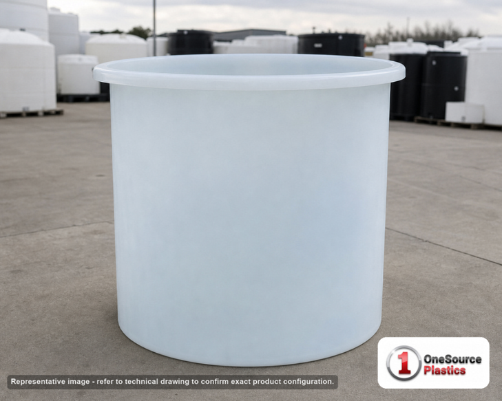 Chem-Tainer 700 Gallon Plastic Open Top Batch Storage Tank. 700.0 gallon capacity; Polyethylene; Natural White; dimensions 70.0in H x 55.0in W x 55.0in L; 190.0 lb empty; 1.9 specific gravity rating; max temp 120 deg  F / 48 deg  C; 3 Year Warranty. Manufacturer part number TC5570AA. Sold by OneSource Plastics (https://www.onesourceplastics.com).