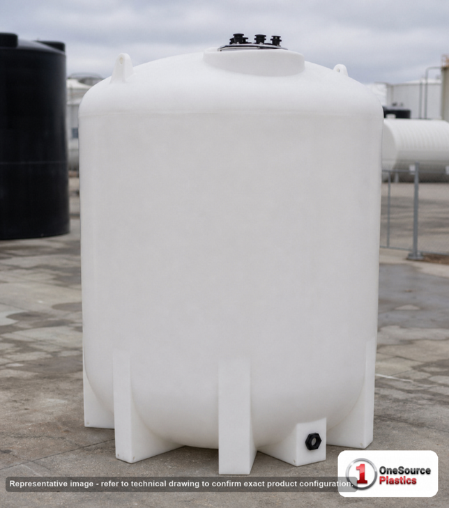 Enduraplas 7011 Gallon 1.9 S.G. Plastic Vertical Liquid Storage Tank in White. Polyethylene; White; dimensions 126.0in H x 144.0in W x 144.0in L; 1430.0 lb empty; 1.9 specific gravity rating. Manufacturer part number EP-THV07011KW. Sold by OneSource Plastics (https://www.onesourceplastics.com).