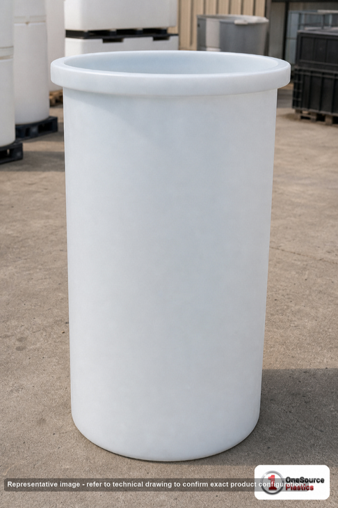 Chem-Tainer 90 Gallon PE Cylindrical Open Top Tank. 90.0 gallon capacity; Polyethylene; Natural White; dimensions 48.0in H x 24.0in W x 24.0in L; 40.0 lb empty; 1.9 specific gravity rating; max temp 120 deg  F / 48 deg  C; 3 Year Warranty. Manufacturer part number TC2448AA. Sold by OneSource Plastics (https://www.onesourceplastics.com).
