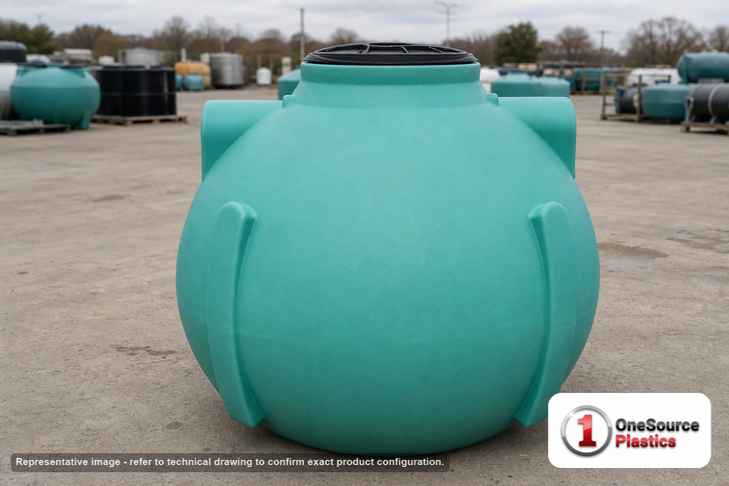 Norwesco Florida Only 525 Gallon Plastic Septic Pump Tank. 525.0 gallon capacity; Polyethylene; Green; dimensions 59.0in H x 64.0in W x 64.0in L; 174.0 lb empty; fittings: 1 Manway / Lid; max temp 130 deg  F / 54 deg  C; 3 Year Warranty. Manufacturer part number 44830. Manufactured by Norwesco. Sold by OneSource Plastics (https://www.onesourceplastics.com).