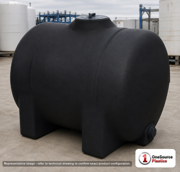Norwesco 225 Gallon Black Horizontal Leg Tank. Polyethylene; Black; dimensions 41.0in H x 38.0in W x 49.0in L; 72.0 lb empty; 1.5 specific gravity rating; fittings: 1 Outlet , 1 Manway / Lid; max temp 120 deg  F / 48 deg  C; 3 Year Warranty. Manufacturer part number 40678. Sold by OneSource Plastics (https://www.onesourceplastics.com).