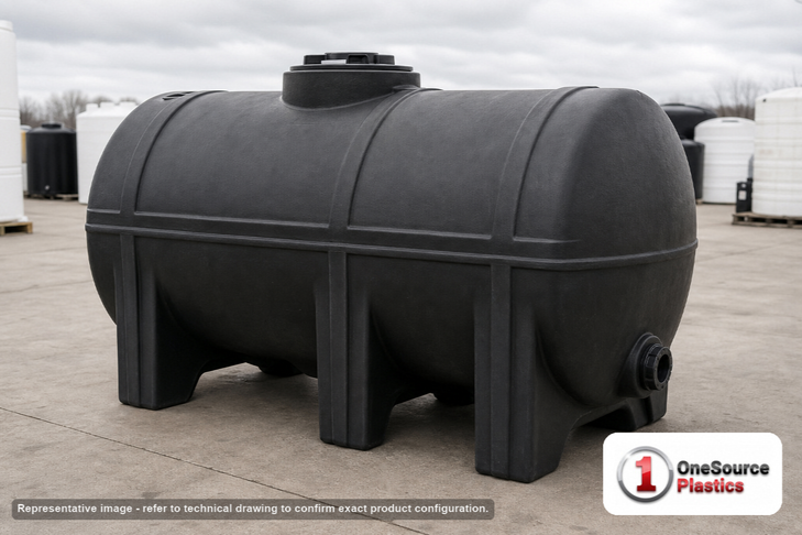 Norwesco 725 Gallon Black Horizontal Leg Tank. Polyethylene; Black; 54" H x 49" W x 101" L; fittings: 1 Outlet, 1 Manway /