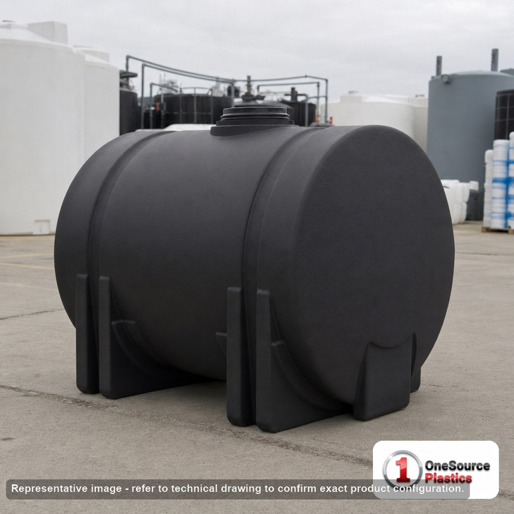 Norwesco 65 Gallon Black Horizontal Leg Tank. 65 gallon capacity; Polyethylene; Black; 26" H x 23" W x 43" L; fittings: 1