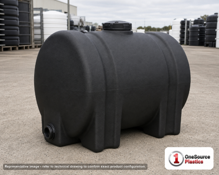 Norwesco 55 Gallon Black Horizontal Leg Tank. Polyethylene; Black; 26" H x 23" W x 34" L; fittings: 1 Outlet, 1 Manway /