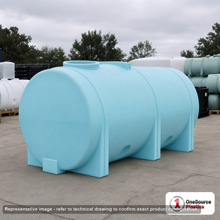 Norwesco 2650 Gallon Light Blue Heavy Duty Elliptical Leg Tank. 2650 gallon capacity; Polyethylene; Light Blue; dimensions 82.0in H x 88.0in W x 122.0in L; 700.0 lb empty; 1.9 specific gravity rating; fittings: 1 Outlet , 1 Manway / Lid; max temp 120 deg  F / 48 deg  C; 5 Year Warranty. Manufacturer part number 45362. Manufactured by Norwesco. Sold by OneSource Plastics (https://www.onesourceplastics.com).