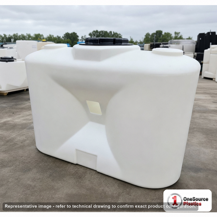 Norwesco 300 Gallon Doorway Tank. 300 gallon capacity; Polyethylene; Natural White; dimensions 50.0in H x 29.0in W x 66.0in L; 138.0 lb empty; 1.5 specific gravity rating; fittings: 1 Outlet , 1 Manway / Lid; max temp 120 deg  F / 48 deg  C; 3 Year Warranty. Manufacturer part number 41527. Manufactured by Norwesco. Sold by OneSource Plastics (https://www.onesourceplastics.com).
