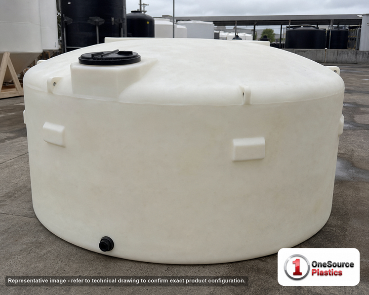 Chem-Tainer 1200 Gallon Plastic Vertical Liquid Storage Tank. 1200.0 gallon capacity; Polyethylene; dimensions 52.0in H x 86.0in W x 86.0in L; 220.0 lb empty; 1.5 specific gravity rating. Manufacturer part number TC8652IC. Sold by OneSource Plastics (https://www.onesourceplastics.com).