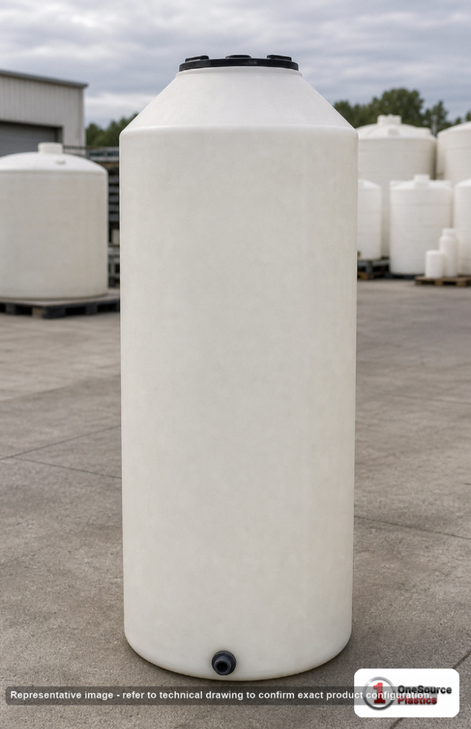 Chem-Tainer 250 Gallon Plastic Vertical Liquid Storage Tank. 250.0 gallon capacity; Polyethylene; dimensions 84.0in H x 31.0in W x 31.0in L; 65.0 lb empty; 1.5 specific gravity rating. Manufacturer part number TC3184IC. Sold by OneSource Plastics (https://www.onesourceplastics.com).