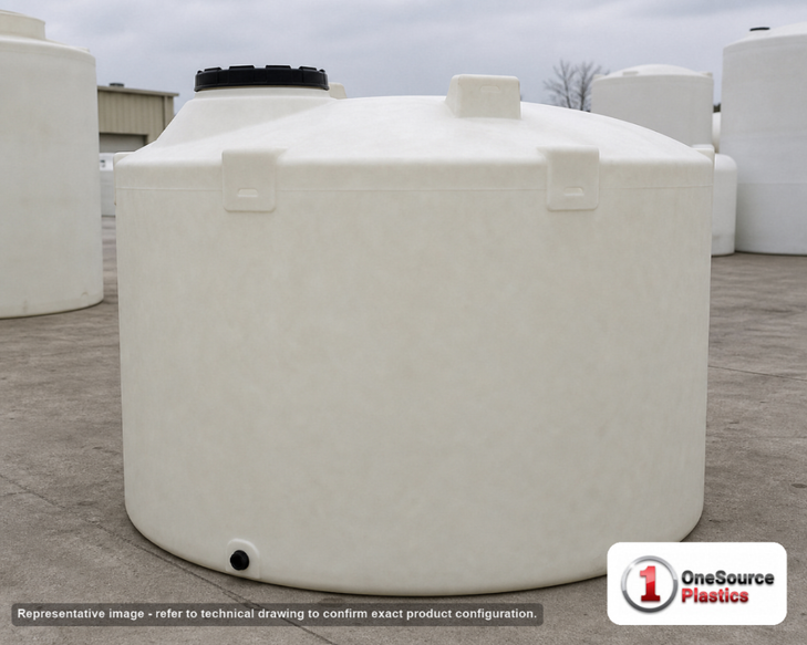 Chem-Tainer 2500 Gallon Plastic Vertical Liquid Storage Tank. 2500.0 gallon capacity; Polyethylene; dimensions 89.0in H x 95.0in W x 95.0in L; 500.0 lb empty; 1.5 specific gravity rating; fittings: 2". Manufacturer part number TC9589IC. Sold by OneSource Plastics (https://www.onesourceplastics.com).