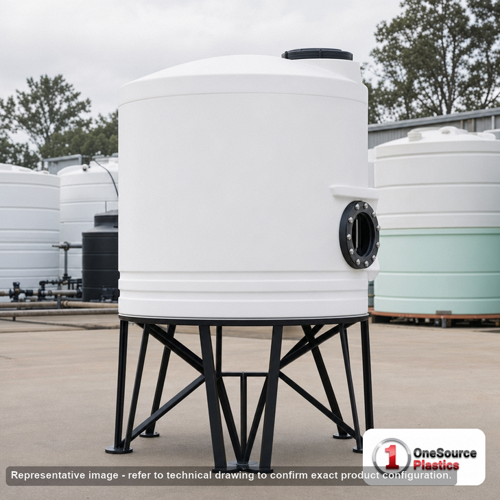 Snyder Industries 3000 Gallon 30 Degree Plastic Cone Bottom Tank. 3000 gallon capacity; High Density Linear Polyethylene; White; dimensions 120.0in H x 95.0in W x 95.0in L; 709.0 lb empty; 1.9 specific gravity rating; fittings: 1 Manway / Lid; max temp 100 deg  F / 37 deg  C. Manufacturer part number 8360000n45. Manufactured by Snyder. Sold by OneSource Plastics (https://www.onesourceplastics.com).