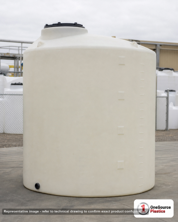 Chem-Tainer 3600 Gallon Plastic Vertical Liquid Storage Tank. 3600.0 gallon capacity; Polyethylene; dimensions 156.0in H x 156.0in W x 156.0in L; 1250.0 lb empty; 1.5 specific gravity rating; fittings: 2". Manufacturer part number TC3600IC. Sold by OneSource Plastics (https://www.onesourceplastics.com).