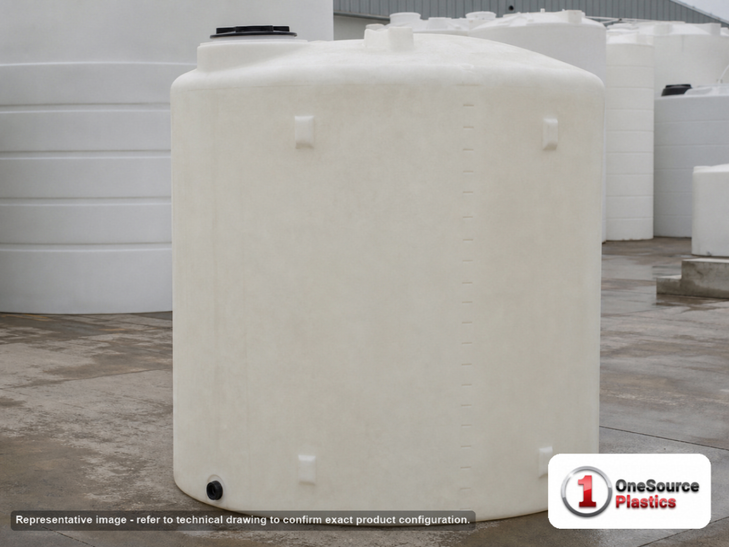 Chem-Tainer 4500 Gallon Plastic Vertical Liquid Storage Tank. 4500.0 gallon capacity; Polyethylene; dimensions 156.0in H x 95.0in W x 95.0in L; 1150.0 lb empty; 1.5 specific gravity rating; fittings: 2". Manufacturer part number TC4500IC. Sold by OneSource Plastics (https://www.onesourceplastics.com).