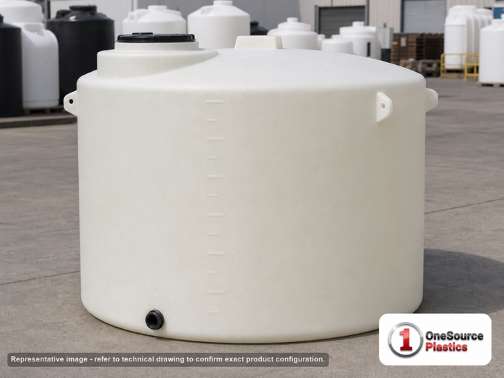 Chem-Tainer 700 Gallon Plastic Vertical Liquid Storage Tank. 700.0 gallon capacity; Polyethylene; dimensions 60.0in H x 64.0in W x 64.0in L; 160.0 lb empty; 1.5 specific gravity rating. Manufacturer part number TC6460IC. Sold by OneSource Plastics (https://www.onesourceplastics.com).