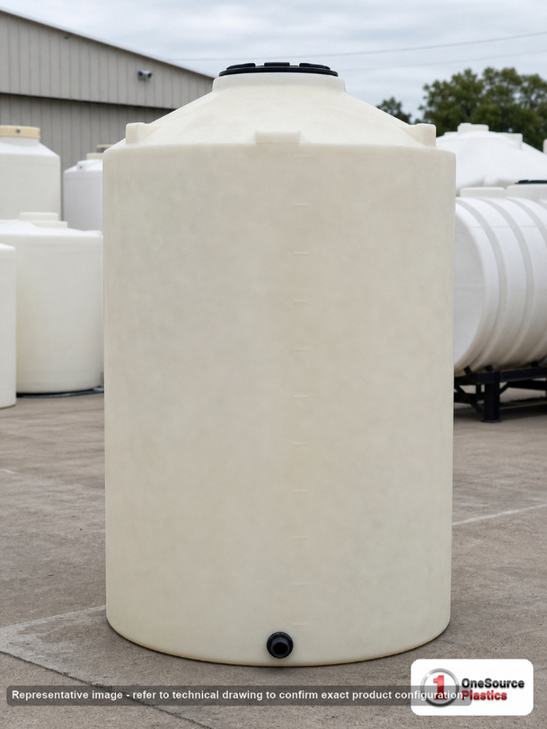 Chem-Tainer 750 Gallon Plastic Vertical Liquid Storage Tank. 750.0 gallon capacity; Polyethylene; dimensions 119.0in H x 46.0in W x 46.0in L; 190.0 lb empty; 1.5 specific gravity rating; fittings: 2". Manufacturer part number TC750XIC. Sold by OneSource Plastics (https://www.onesourceplastics.com).