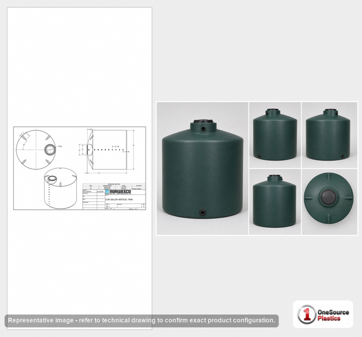 Dimensional spec drawing for Norwesco 2100 Gallon Vertical Water Tank (87" L x 87" W x 89" H)