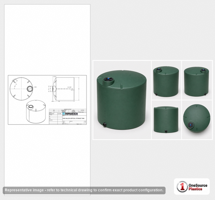 Dimensional spec drawing for Norwesco 2500 Gallon Vertical Water Tank (95" L x 95" W x 91" H)