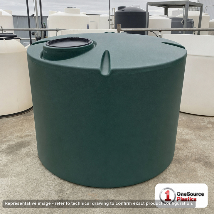 Norwesco 550 Gallon Dark Green Vertical Water Storage Tank. 550 gallon capacity; Polyethylene; Dark Green; dimensions 44.0in H x 67.0in W x 67.0in L; 95.0 lb empty; 1.0 specific gravity rating; fittings: 1 Inlet , 1 Outlet , 1 Manway / Lid; max temp 120 deg  F / 48 deg  C; 3 Year Warranty. Manufacturer part number 40864. Manufactured by Norwesco. Sold by OneSource Plastics (https://www.onesourceplastics.com).
