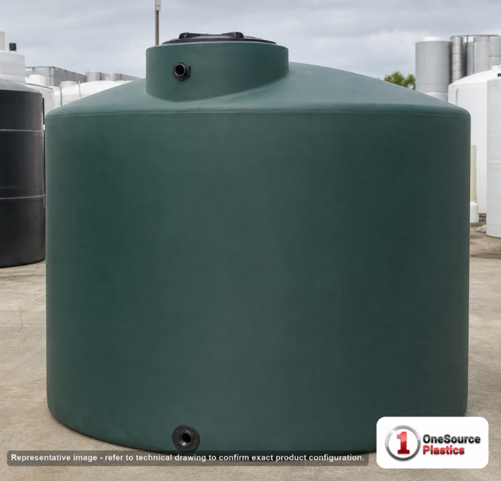 Norwesco 5000 Gallon Green (California Only) Vertical Water Storage Tank. Polyethylene; Green (California Only); dimensions 112.0in H x 119.0in W x 119.0in L; 775.0 lb empty; 1.0 specific gravity rating; fittings: 1 Inlet , 1 Outlet , 1 Manway / Lid; max temp 120 deg  F / 48 deg  C; 3 Year Warranty. Manufacturer part number 42043. Sold by OneSource Plastics (https://www.onesourceplastics.com).