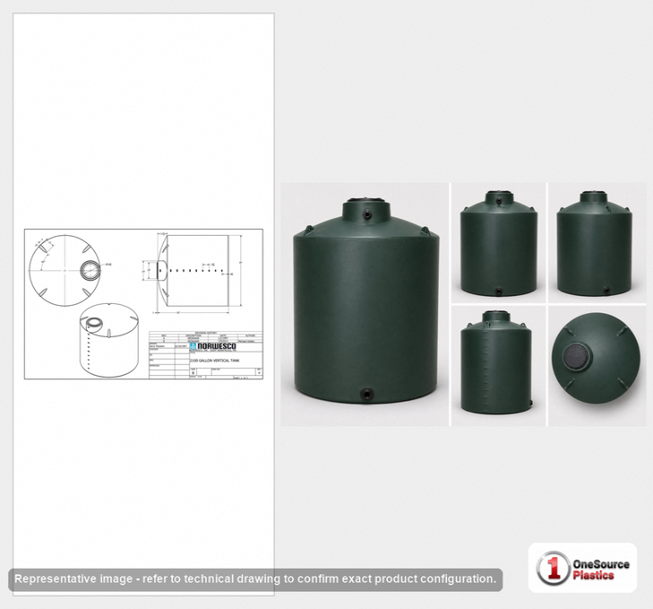 Dimensional spec drawing for Norwesco 2100 Gallon Vertical Water Tank (87" L x 87" W x 89" H)