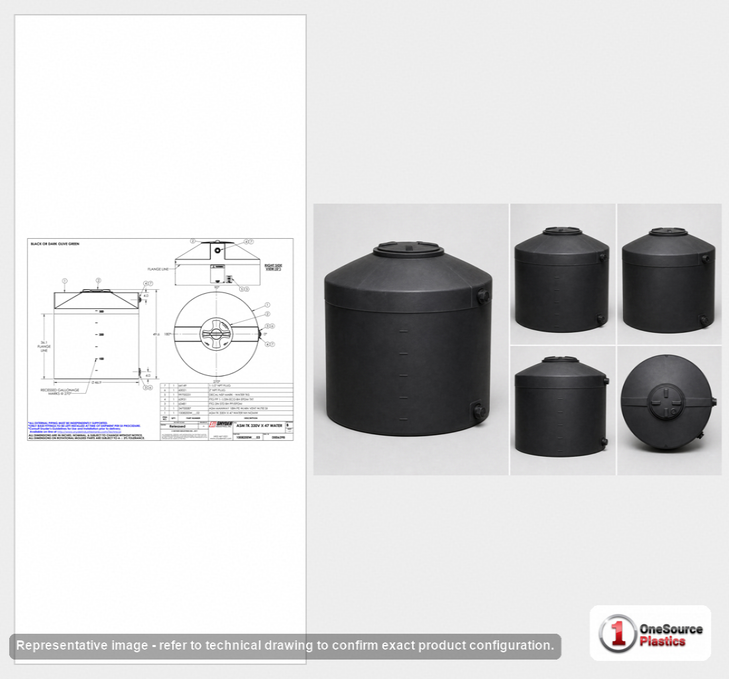 Dimensional spec drawing for Snyder 330 Gallon Vertical Water Tank (47" L x 47" W x 50" H)