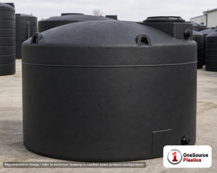 Snyder Industries 1500 Gallon Black Vertical Water Storage Tank. Polyethylene; Black; dimensions 70.0in H x 86.0in W x 86.0in L; 210.0 lb empty; 1.0 specific gravity rating; fittings: 1 Inlet , 1 Outlet , 1 Manway / Lid; max temp 120 deg  F / 48 deg  C; 3 Year Warranty. Manufacturer part number wb45. Manufactured by Snyder. Sold by OneSource Plastics (https://www.onesourceplastics.com).