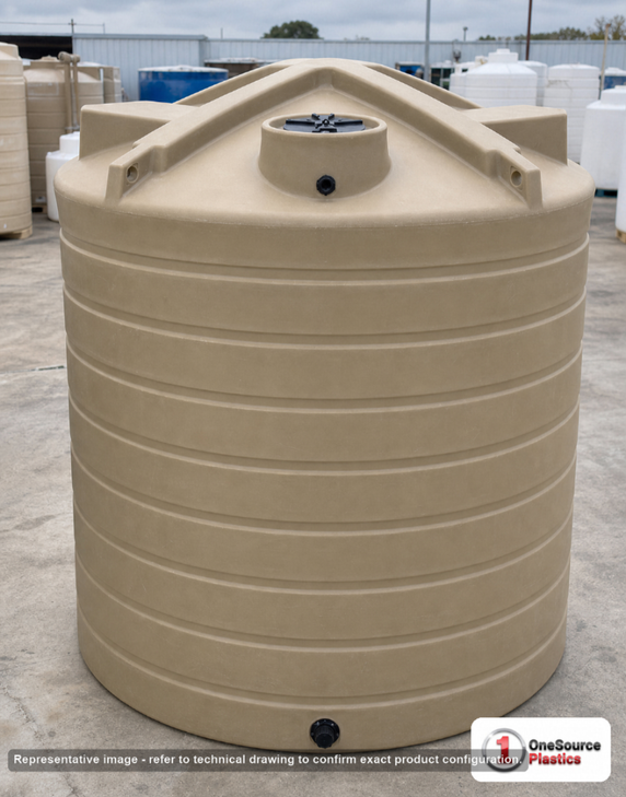Enduraplas 3000 Gallon Beige Vertical Water Storage Tank. Polyethylene; Beige; 125" H x 90" W x 90" L; fittings: 1 Inlet, 1