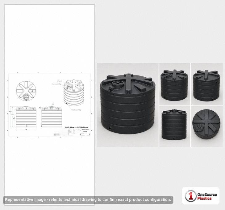 Dimensional spec drawing for Enduraplas 2000 Gallon Vertical Water Tank (90" L x 90" W x 93" H)