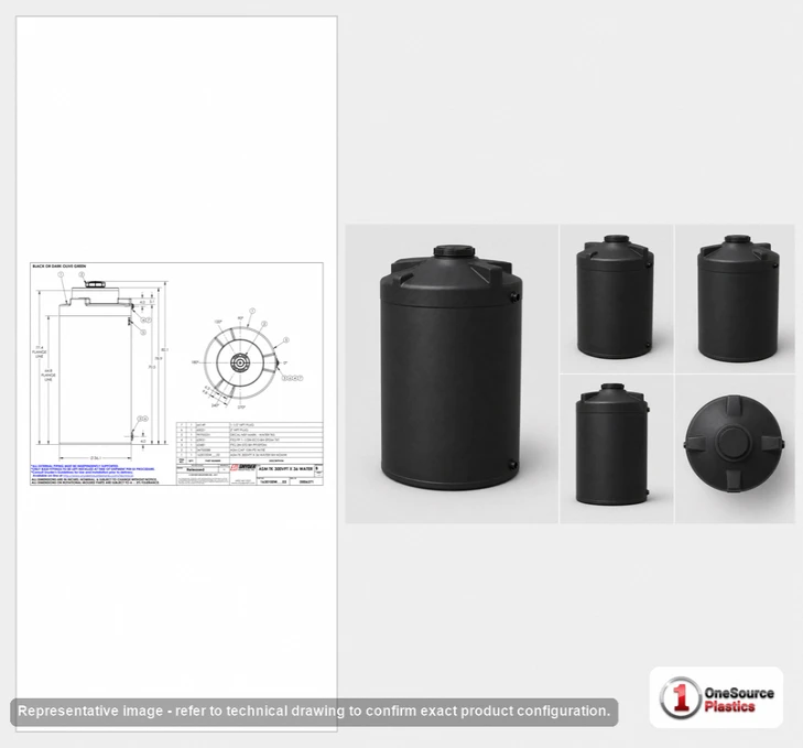Dimensional spec drawing for Snyder 300 Gallon Vertical Water Tank (36" L x 36" W x 82" H)