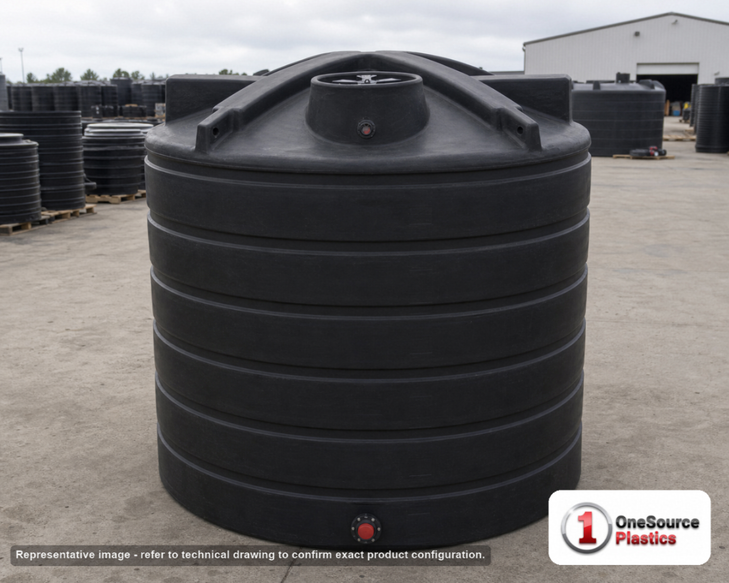 Enduraplas 5050 Gallon Black Vertical Water Storage Tank. Polyethylene; Black; 120" H x 120" W x 120" L; fittings: 1 Inlet