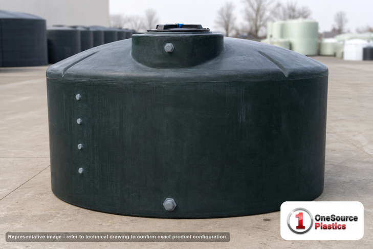 Norwesco 3000 Gallon Dark Green Vertical Water Storage Tank. 3000 gallon capacity; Polyethylene; Dark Green; dimensions 93.0in H x 102.0in W x 102.0in L; 380.0 lb empty; 1.0 specific gravity rating; fittings: 1 Inlet , 1 Outlet , 1 Manway / Lid; max temp 120 deg  F / 48 deg  C; 3 Year Warranty. Manufacturer part number 44135. Manufactured by Norwesco. Sold by OneSource Plastics (https://www.onesourceplastics.com).