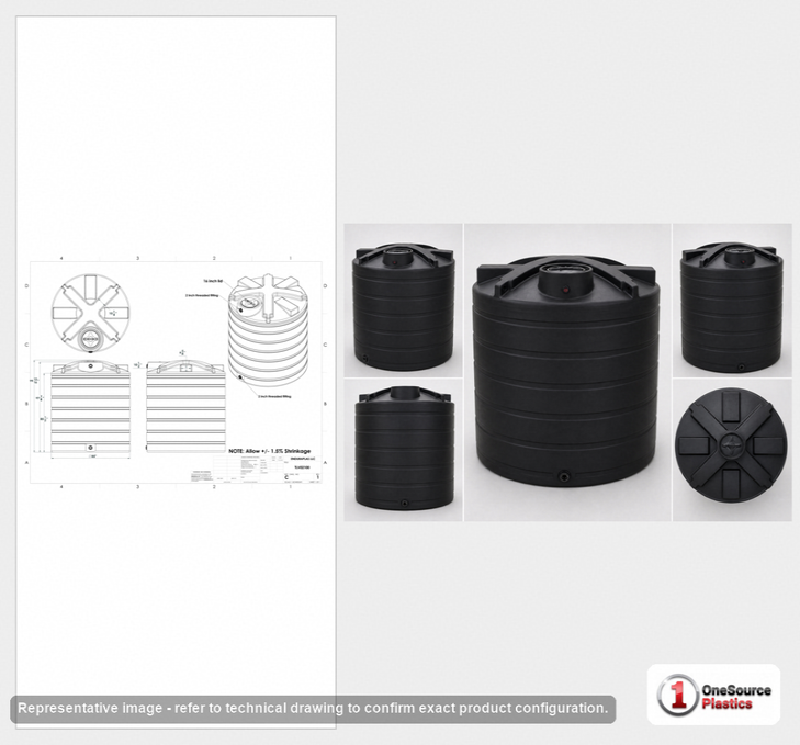 Dimensional spec drawing for Enduraplas 2100 Gallon Vertical Water Tank (85" L x 85" W x 100" H)