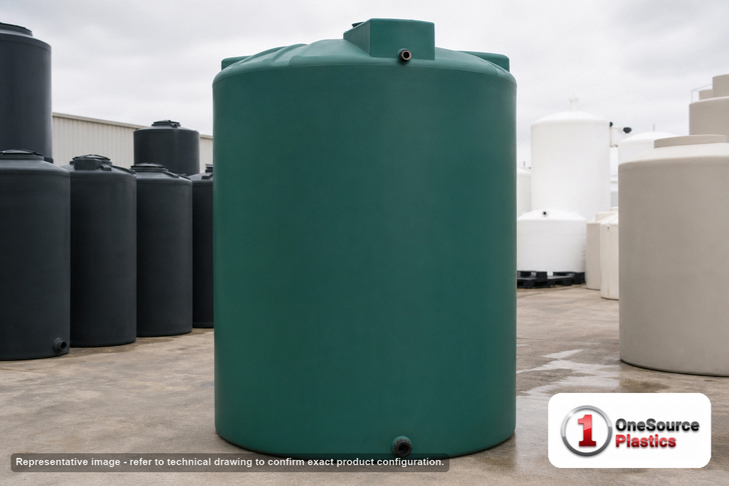 Chem-Tainer 1000 Gallon Green Vertical Water Storage Tank. Polyethylene; Green; dimensions 81.0in H x 64.0in W x 64.0in L; 180.0 lb empty; 1.0 specific gravity rating; fittings: 1 Inlet , 1 Outlet , 1 Manway / Lid; max temp 120 deg  F / 48 deg  C; 3 Year Warranty. Manufacturer part number TC6481IW-GREEN. Sold by OneSource Plastics (https://www.onesourceplastics.com).